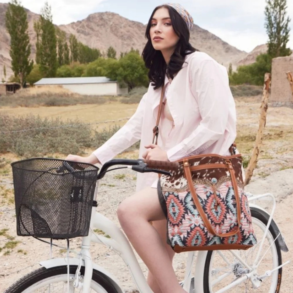 Myra Bag Boho Leather & Canvas Tote Shoulder Bag New